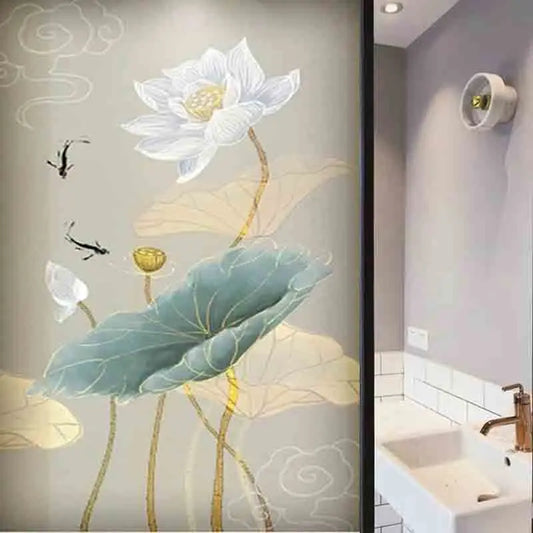 Stained Glass Door Stickers, Opaque Self-Adhesive, Lotus Poster for Kitchen, Bedroom, Bathroom, Customized Size