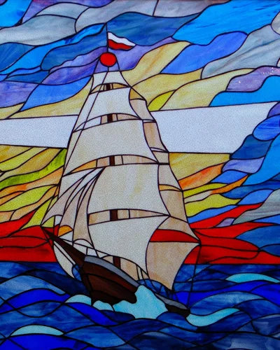 Frosted Stained Glass Window Film, Static Cling, Retro Door Sticker,Kitchen, Office, Home Decor, Customized,Sailboat