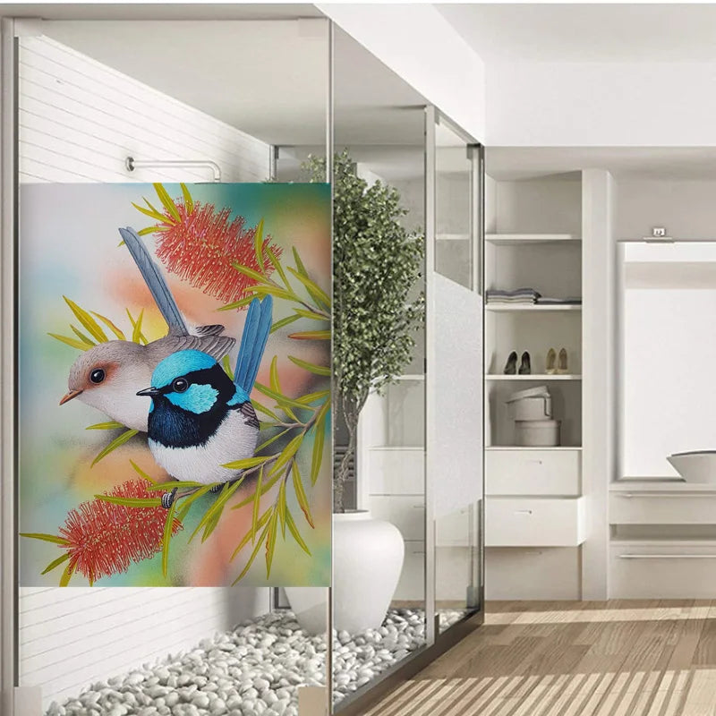 Frosted Stained Glass Window Film, Customized Art Deco Design, Birds Static Cling Sticker,Home Decor Foil, Treatment