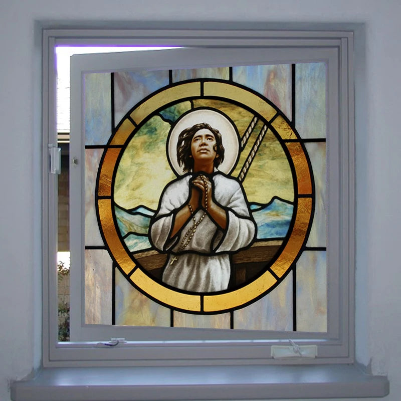 Custom Frosted Stained Glass Window Film,PVC Static Cling Films,Patron Saint of Catholic Church Decor, Foil Stickers