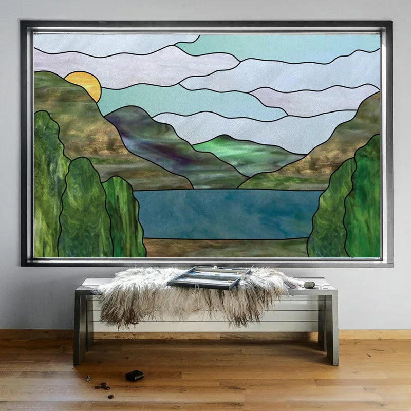 Landscape Painting Stained Glass Films, Transom Windows Film, Opaque Sticker, Self Adhesive, Static Cling, Custom Size