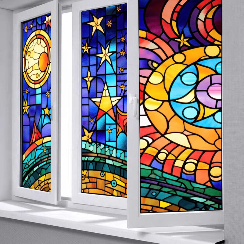 Frosted Stained Glass Window Film, Customized Static Cling,Privacy, Church Retro Sticker,Office, Home Decor,Sun and Moon