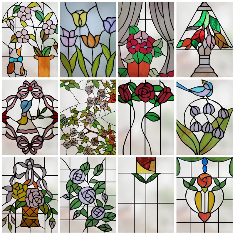 Window Film Stained Glass Films Frosted Static Cling Light-transparent Opaque Privacy Glass Sticker Home Decor Rose Flowers