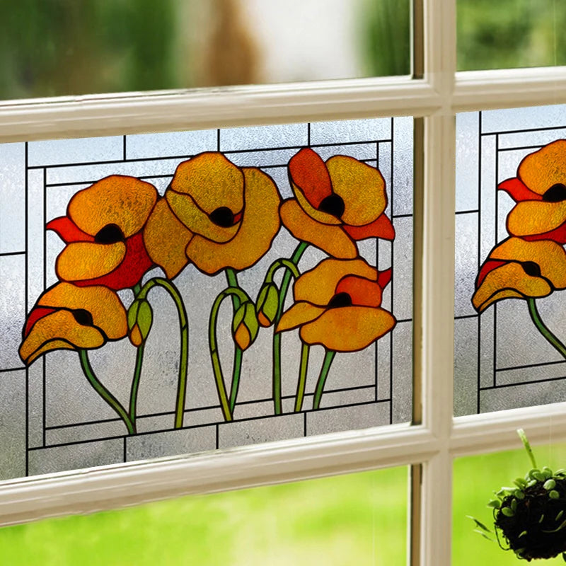 Window Film Stained Glass Stickers,Custom size Static Cling Frosted,Flower Bird Flower Print For Transom Window Glass Home Decor