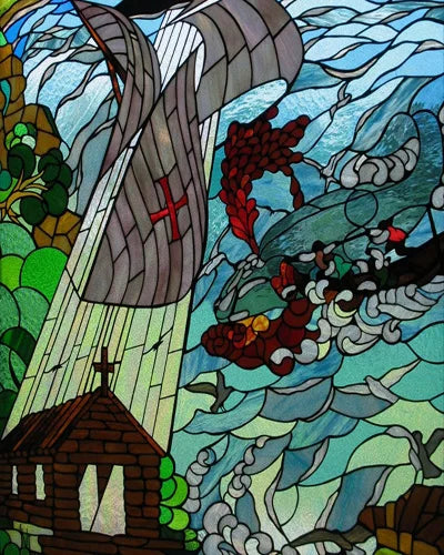 Frosted Stained Glass Window Film, Static Cling, Retro Door Sticker,Kitchen, Office, Home Decor, Customized,Sailboat