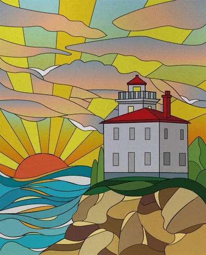 Custom size Stained Glass Films,Privacy Static Cling,Print Sea Red Lighthouse,Rising Sun, Night,Door Sticker,Office Home Decor