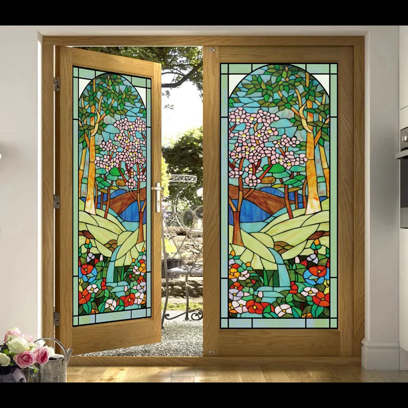 Custom Size Stained Glass Window Film Frosted Privacy Static Cling Tree Tiffany Style Stickers Shower Kitchen Office Home Decor