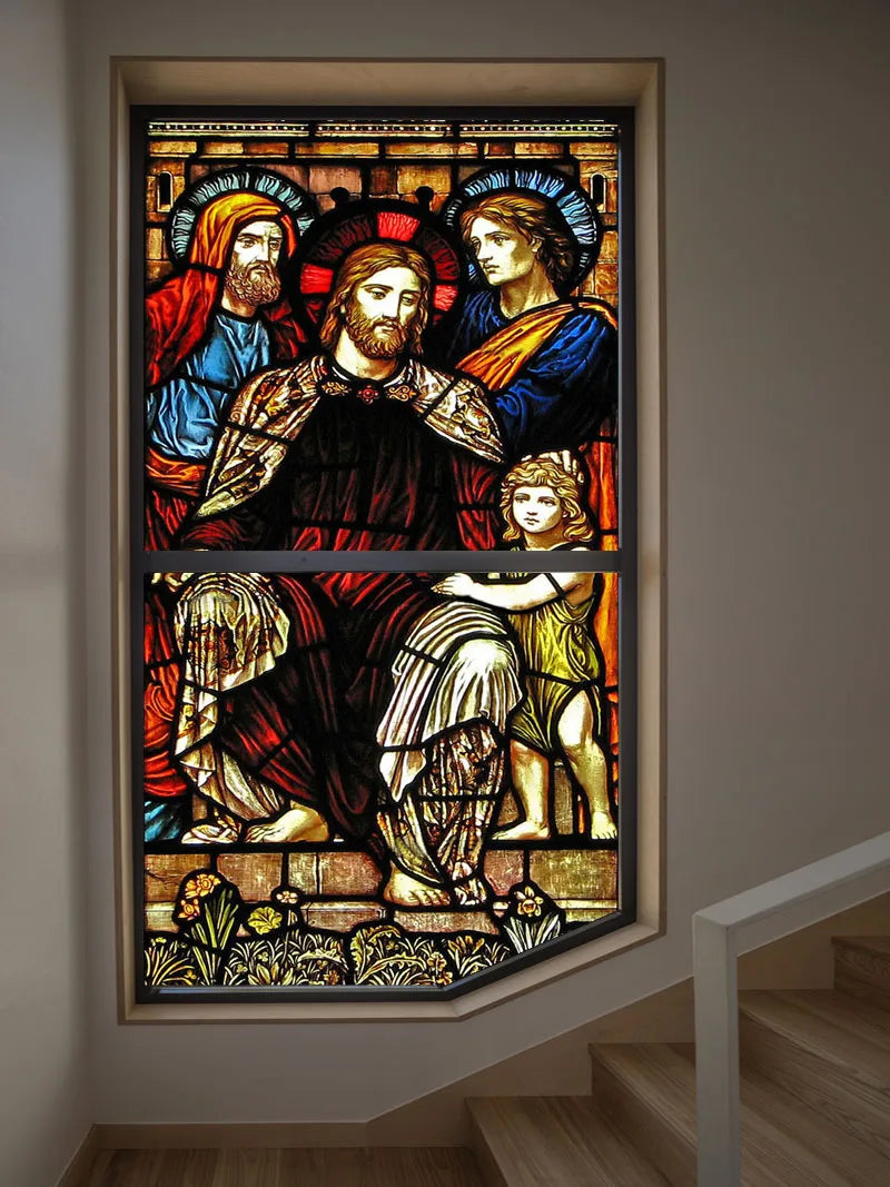Stained Glass Films, Frosted Sticker,Self Adhesive/Static Cling  Privacy Church Home Decor,Children being Blessed