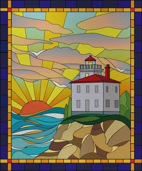 Custom size Stained Glass Films,Privacy Static Cling,Print Sea Red Lighthouse,Rising Sun, Night,Door Sticker,Office Home Decor