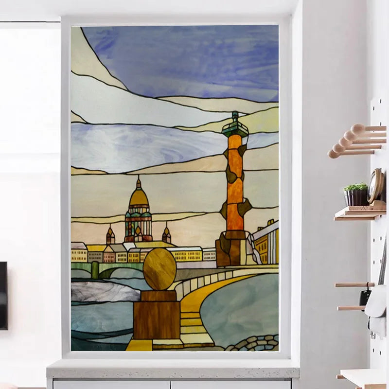 Custom Size Stained Glass Films,Privacy Static Cling,Print Castle, Lighthouse Tower, Sailboat Door Sticker,Office, Home Decor
