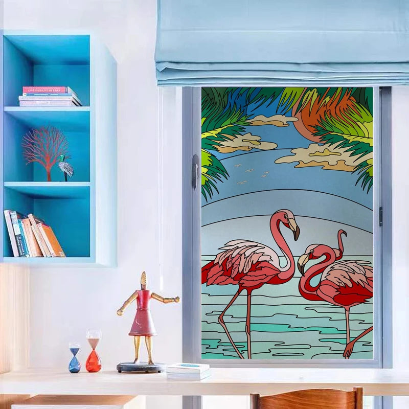 Stained Glass Window Film, Frosted Glass Sticker, Custom Size Castle Cartoon Pattern for Kids Room Door, Poster, Home Decor