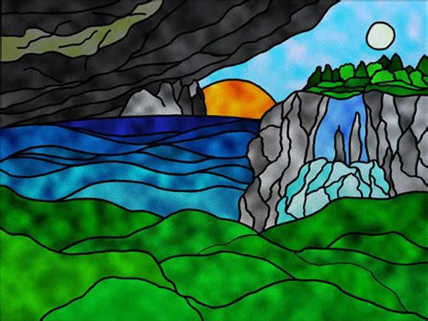 Landscape Painting Stained Glass Films, Transom Windows Film, Opaque Sticker, Self Adhesive, Static Cling, Custom Size