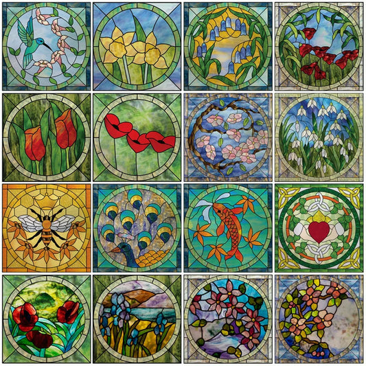 Custom Size Stained Glass Window Film, Frosted Static Cling, Vintage Door Sticker, Flora Leaves, Kitchen, Bathroom, Home Decor