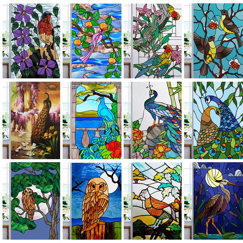 Window Film Stained Glass Stickers,Custom size Static Cling,Frosted Privacy Print Bird,Peacock,Heron,Owl,For Window Home Decor