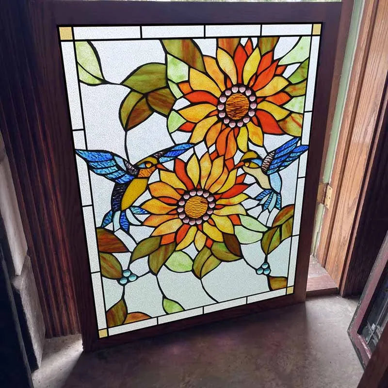 Customized Frosted Stained Glass Window Film,  SunFlower, Hummingbird, Static Cling Sticker,Home Decor, Treatment
