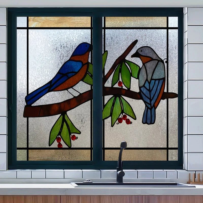 Window Film Stained Glass Stickers,Custom size Static Cling Frosted,Flower Bird Flower Print For Transom Window Glass Home Decor