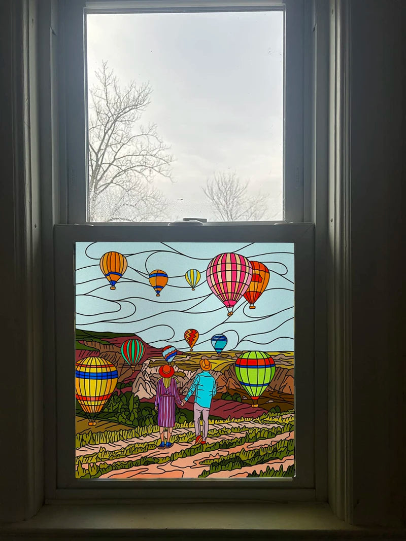 Custom size Stained Glass Wndow Film,Satic Cling Window Films,Decor Foil Stickers Window Treatment For Square Glass Hot air ball