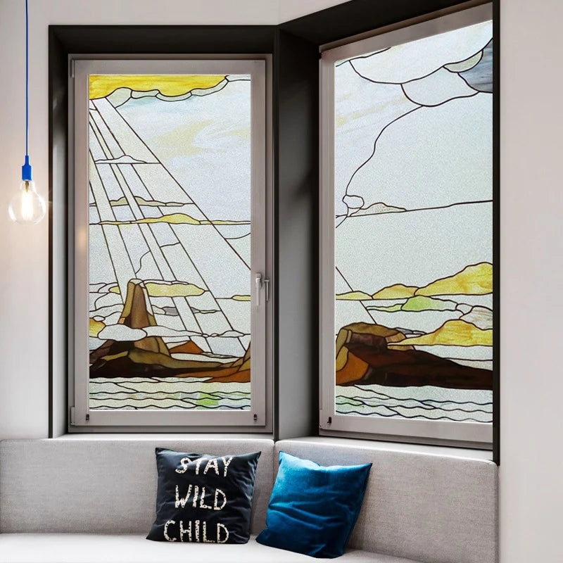 Frosted Stained Glass Window Film, Static Cling, Retro Door Sticker,Kitchen, Office, Home Decor, Customized,Sailboat