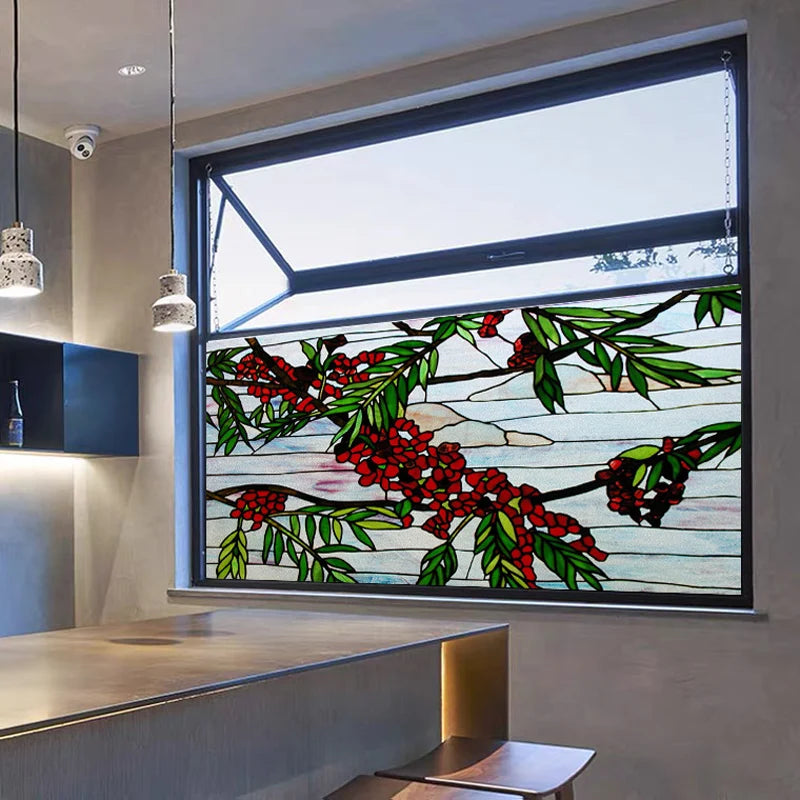 Stained Glass Window Film, Custom Size, Static Cling, Frosted,Flower, Bird, Tree Print for Transom, Glass, Home Decor