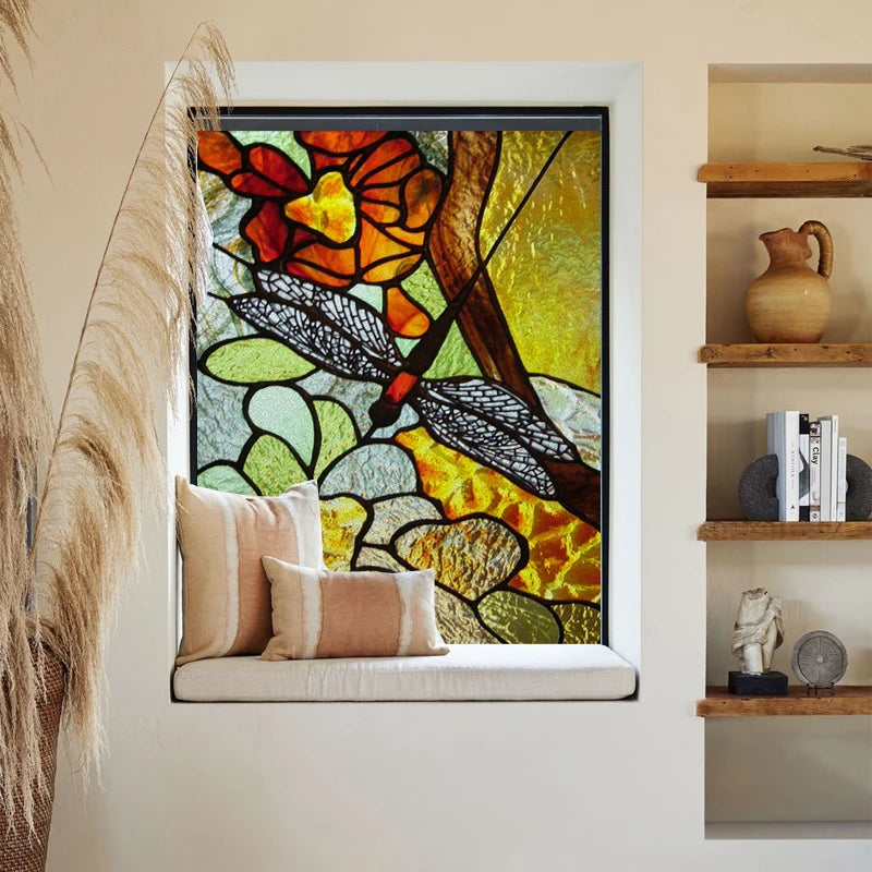 Custom size Glass Films,Stained Glass Stickers Static Cling,Frosted Privacy Print Dragonfly Butterfly for Window Door Home Decor