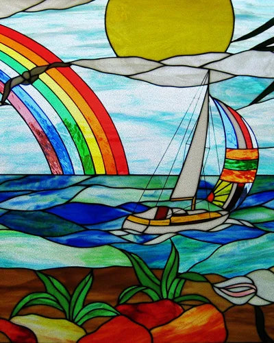 Frosted Stained Glass Window Film, Static Cling, Retro Door Sticker,Kitchen, Office, Home Decor, Customized,Sailboat