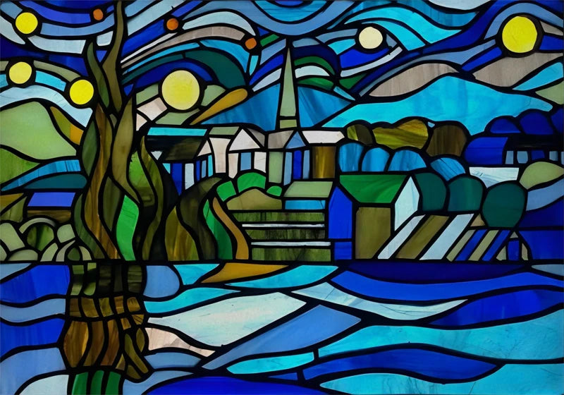 Landscape painting Stained Glass Films Transom/Windows Film Glass Sticker Static Cling Retro Vintage Style Custom Size