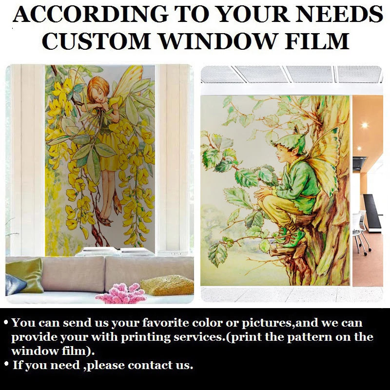 Custom Size Stained Glass Window Film, Flower Tree, Fairy Stickers, Static Cling, Kitchen, Bathroom, Bedroom, Door, Home Decor