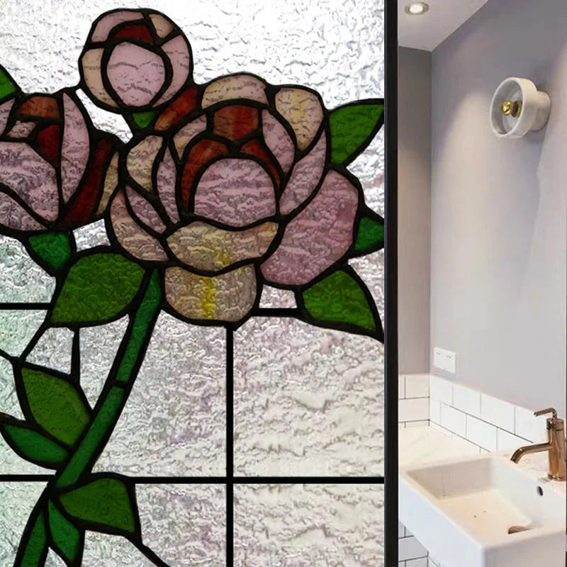 Custom Frosted Stained Glass Film with Floral Rose 3D Design, Static Cling Window Sticker, Removable Privacy Decoration for Home
