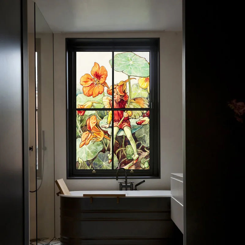 Custom Size Stained Glass Window Film, Flower Fairy Stickers, Static Cling for Kitchen, Bathroom, Bedroom, Door, Home Decor