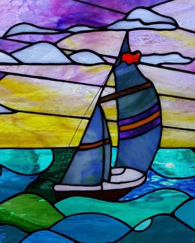 Frosted Stained Glass Window Film, Static Cling, Retro Door Sticker,Kitchen, Office, Home Decor, Customized,Sailboat