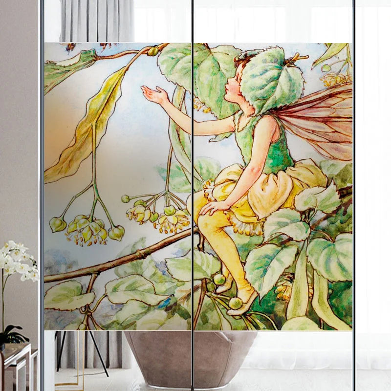 Custom Size Stained Glass Window Film, Flower Tree, Fairy Stickers, Static Cling, Kitchen, Bathroom, Bedroom, Door, Home Decor