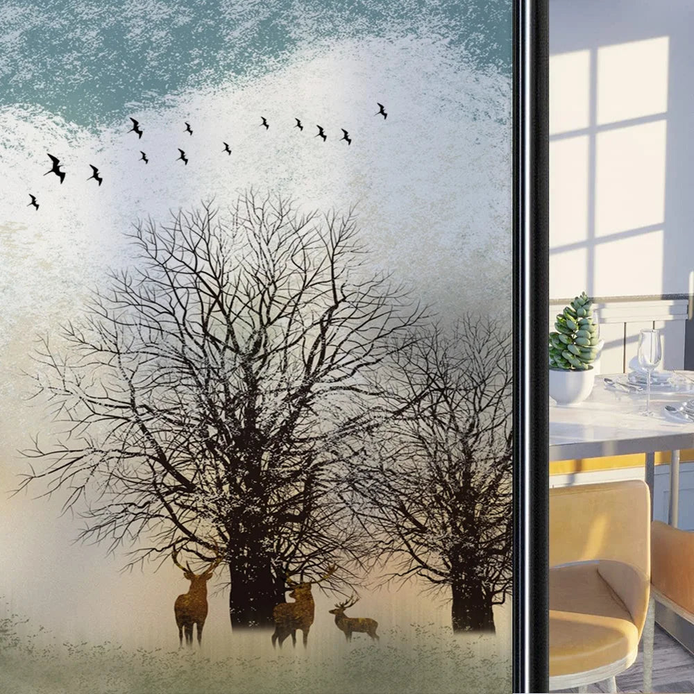 Custom Size Stained Glass Window Film,Frosted Privacy, Static Cling, Door Sticker,Bathroom, Home Decor, Tree, Mountain