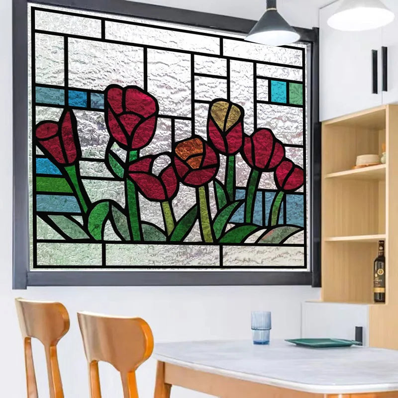 Custom size 3D Matte Window Film Stained Glass Decorative Uv Window Sticker Privacy Frosted Static Cling for Glass Garden Flower