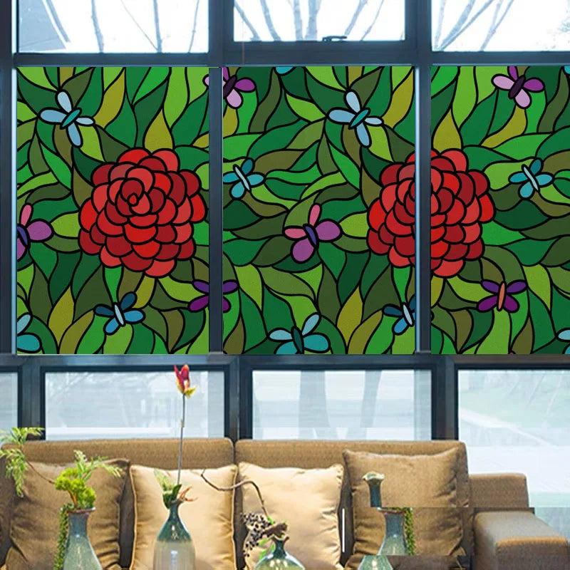 Custom Size Stained Glass Film,3D Frosted Static Cling Window Films,Decor Foil Stickers, Window Treatment for Square Glass Door