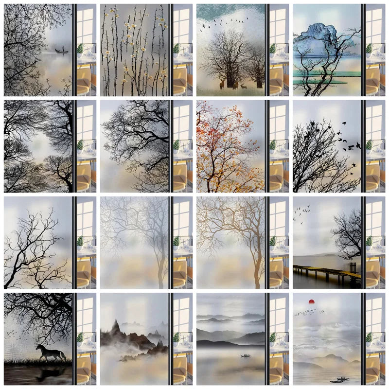 Custom Size Stained Glass Window Film,Frosted Privacy, Static Cling, Door Sticker,Bathroom, Home Decor, Tree, Mountain