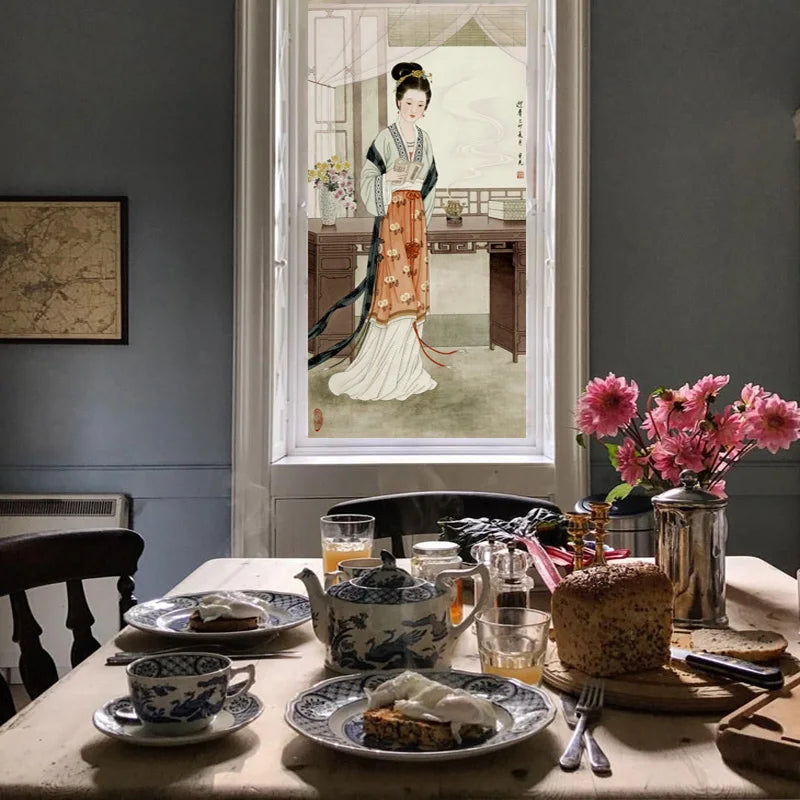 Stained Static Cling Window Film,Frosted Opaque Glass Sticker,Chinese style print Poster for Restaurant Home Decor