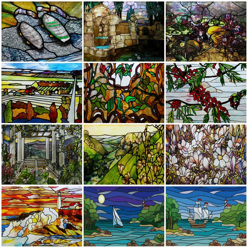 Stained Glass Window Film, Custom Size, Static Cling, Frosted,Flower, Bird, Tree Print for Transom, Glass, Home Decor