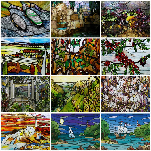 Stained Glass Window Film, Custom Size, Static Cling, Frosted,Flower, Bird, Tree Print for Transom, Glass, Home Decor