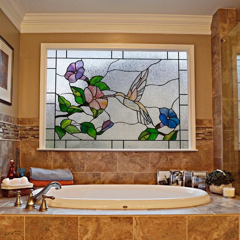 Window Film Stained Glass Stickers,Custom size Static Cling Frosted,Flower Bird Flower Print For Transom Window Glass Home Decor