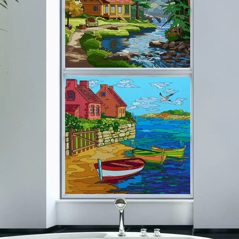 Stained Glass Window Film Frosted Glass Sticker Forest Customized Cartoon House Castle For Kids Room Door Home Decor