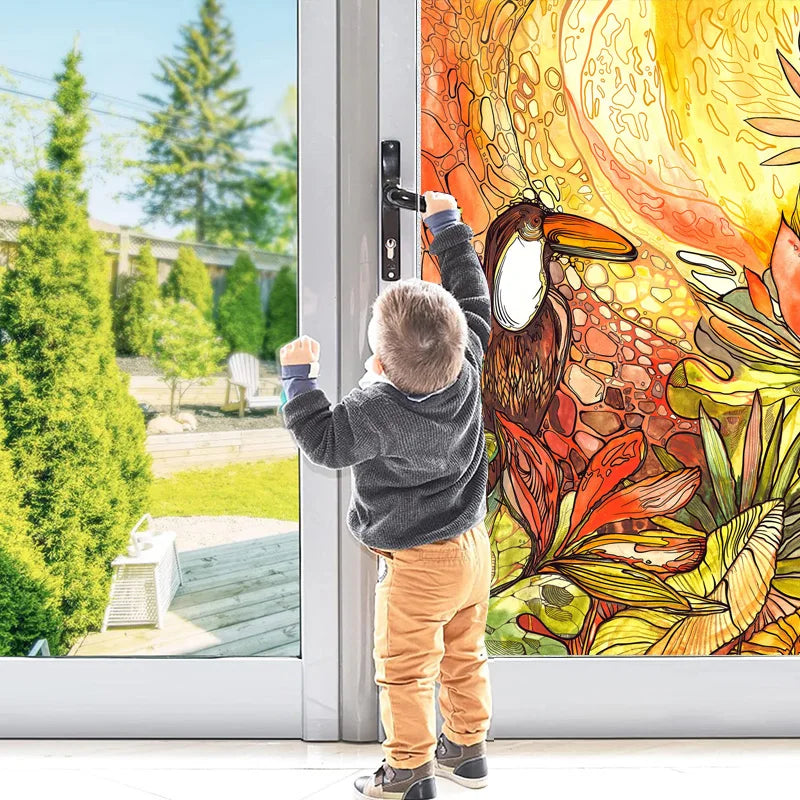 Frosted Stained Glass Window Film, Customized Art Deco Design, Birds Static Cling Sticker,Home Decor Foil, Treatment