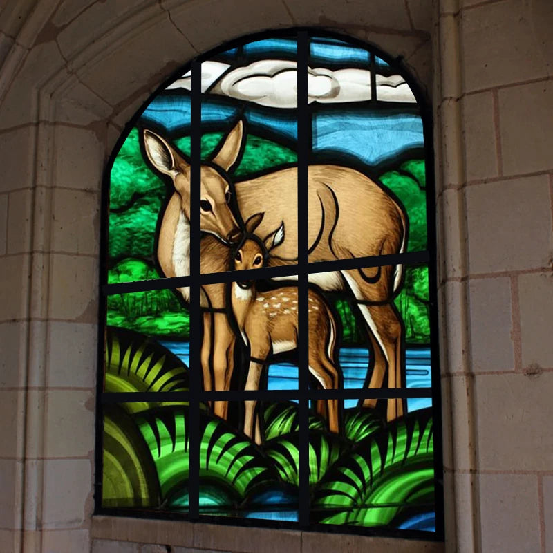 Custom Size Stained Glass Window Film Animal Pattern Rabbit Crow  Bird Fox For Rectangular Shape Glass Office Home Decor