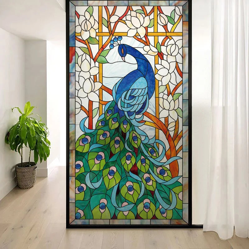 Custom Size Window Glass Films, Peacock Self Adhesive Static Cling, Home Decorative Frosted Privacy Stained, Retro Church Glass