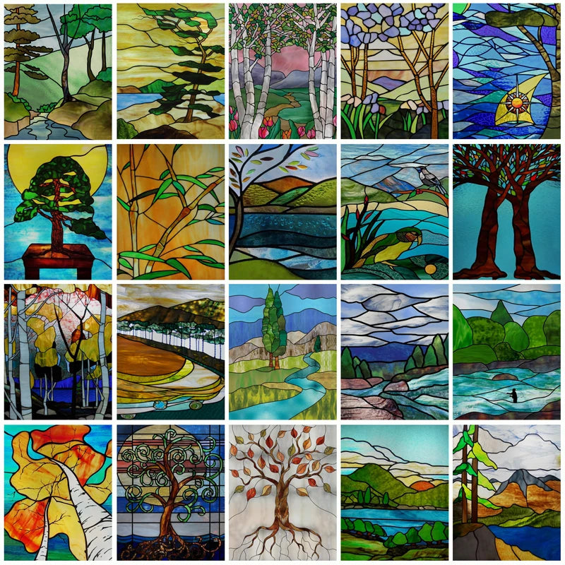 Window Film Frosted Stained Glass Films Customized Art Tree Retrom Static Cling Sticker,Home Decor Window Treatment