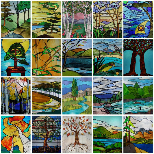 Window Film Frosted Stained Glass Films Customized Art Tree Retrom Static Cling Sticker,Home Decor Window Treatment