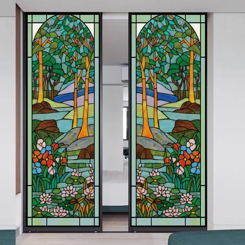 Custom Size Stained Glass Window Film Frosted Privacy Static Cling Tree Tiffany Style Stickers Shower Kitchen Office Home Decor