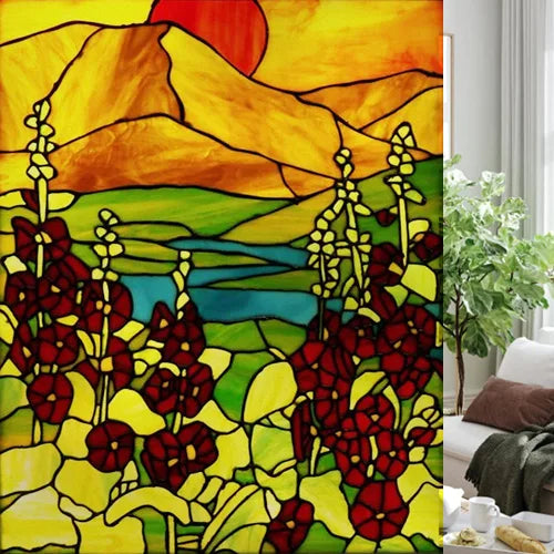 Custom size Glass Films,Stained Glass Stickers Static Cling,Frosted Privacy Print Tree,Rivers,Hill For Window Door Home Decor