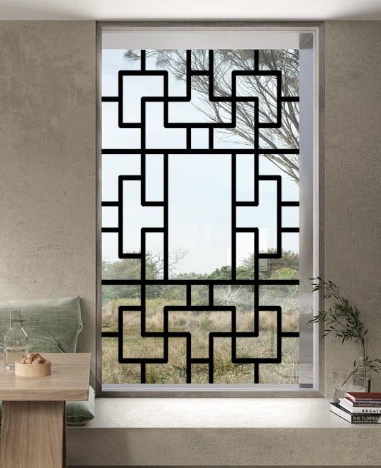 Stained Glass Window Film Transparent Glass Sticker Static Cling Iron Style Black Line Office Door Anticollision Home Decor