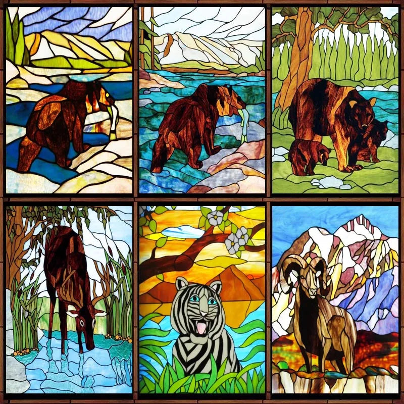 Stained Glass Window Film Frosted Glass Sticker Forest Customized Privacy Static Cling,Print Sticker,Bear,Office Home Decor