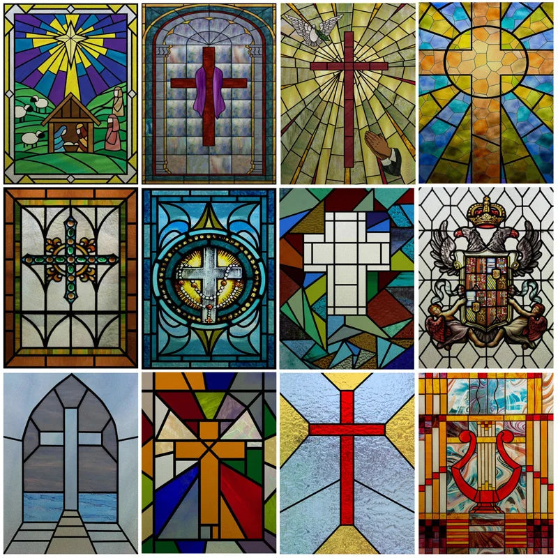 Custom Frosted Stained Glass Window Film,PVC Static Cling Films,Cross Church Decor Foil Stickers